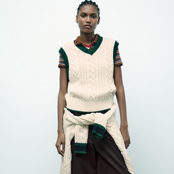 NWT Zara Cable Knit Varsity Sweater Vest in Cream/Green - Picture 2 of 8